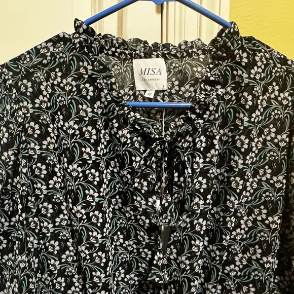 MISA Los Angeles Black Floral Mini Dress Split Neck Blouson Tiered Ruffle Sz M - Picture 2 of 14